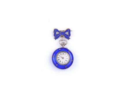 COLLECTION OF JEWELLERY comprising: a blue enamel lapel watch with seed pearl decoration on a later bow surmount; a stock pin