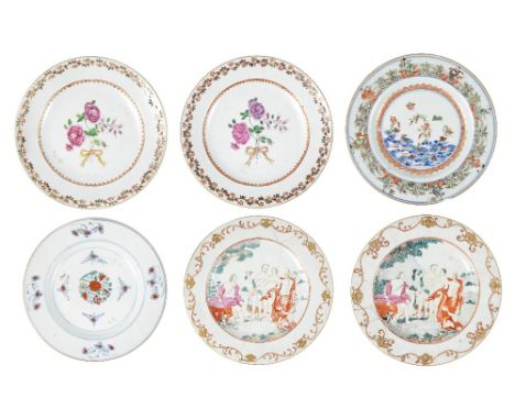 SIX CHINESE EXPORT PLATES, 17TH/18TH CENTURY comprising: two famille rose plates decorated with the Judgment of Paris,  the t
