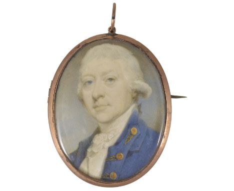 A PORTRAIT MINIATURE OF A GENTLEMAN, BY JEREMIAH MEYER (1735-1789), CIRCA 1775 wearing a blue coat with gold buttons and lace