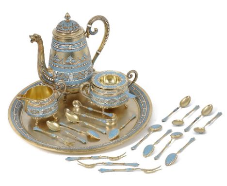 A NORWEGIAN SILVER-GILT AND CLOISONNE ENAMEL COFFEE SERVICE, MARIUS HAMMER, BERGEN, CIRCA 1900 comprising: a coffee pot, a cr