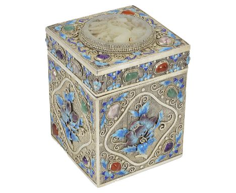 A CHINESE GEM-SET AND ENAMELLED TEA CADDY AND COVER, 20TH CENTURY square, the mesh ground applied with irregular stones surro