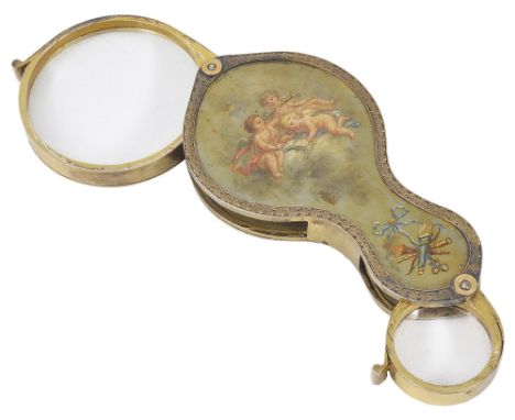 A FRENCH SILVER-GILT AND PAINTED DOUBLE LOUPE, MAKER'S MARK INDECIPHERABLE, PARIS, LATE 19TH CENTURY the shaped case painted 