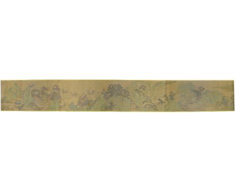 A CHINESE SCROLL, SECOND HALF 19TH CENTURY painted in ink and colours with a riverine landscape filled with shipping and buil