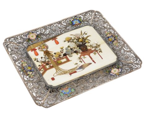 A JAPANESE SILVER, ENAMEL AND IVORY DISH, MEIJI PERIOD (1868-1912) rectangular with incurved corners, the central ivory panel