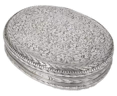 A SILVERED SNUFF BOX, PROBABLY DUTCH, LATE 17TH CENTURY oval, with bands of scrolling foliage surrounding a pair of squirrels