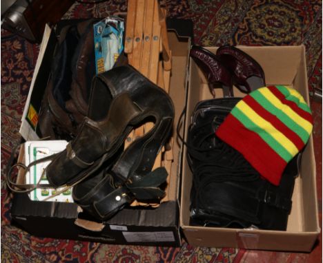 Two boxes of miscellaneous to include Subbuteo players, Thunderbird soap, magic lantern slides, kitchenware, ladies fashion e