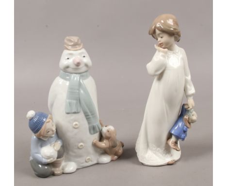 Two Nao porcelain figures one of a snowman the other of a young girl.