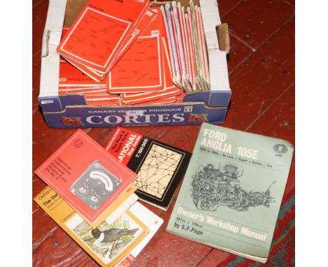 A box of ordnance survey maps and street plans, mainly Scottish to also include Ford Anglia 105E workshop manual.