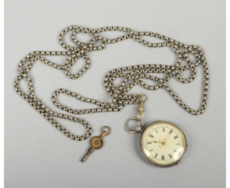 A Swiss silver cased fob watch with enamel dial, silver plated guard chain and key.