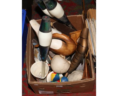 A box of ornamental wares and collectables to include mortar and pestle, binoculars, Aynsley ceramic, copper and brass huntin