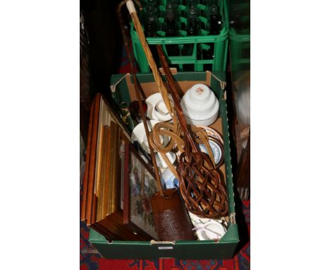 A box of miscellaneous including vintage carpet beaters, walking stick, framed pictures, Wedgwood Jasperware, glassware etc.