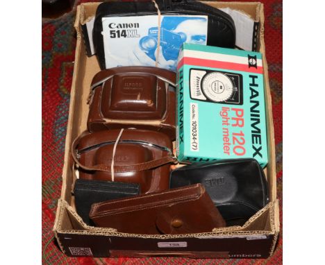 A box of photographic equipment including a boxed Hanimex PR 120 light meter, cased Ilford Sportsman, Canon 514 XL etc along 