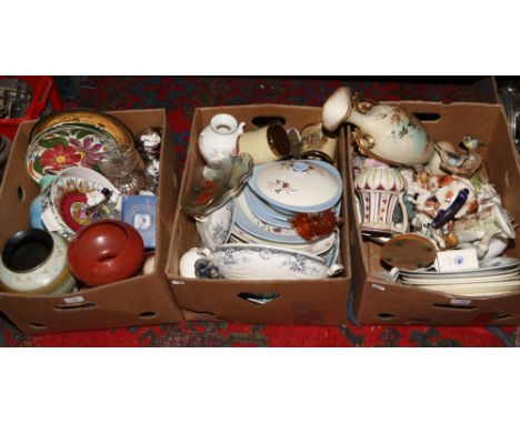 Three boxes of miscellaneous to include carnival glass, Spode, bone china thimbles etc.