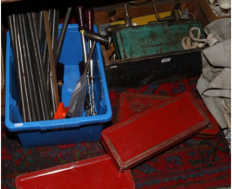 Two boxes of tools to include hammers, screw drivers, aprons, Rothenberger tool kits etc.