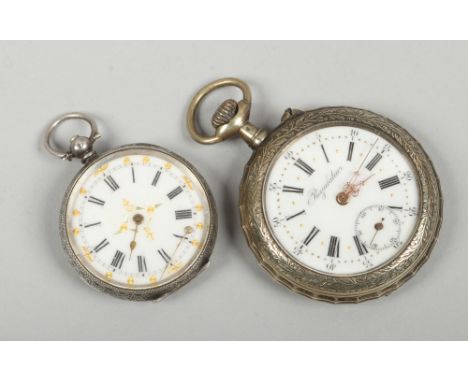 A white metal pocket watch with gilded white enamel dial, along with a Swiss silver fob watch.