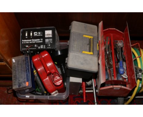 A large collection of garage tools; Sealy two ton trolley jack, Lubrication equipment, SIP professional battery charger, Blac