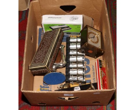 A box of collectables including carved Anglo Indian glove box, Metamec quartz mantel clock, boxed Hero Harmonica and a boxed 