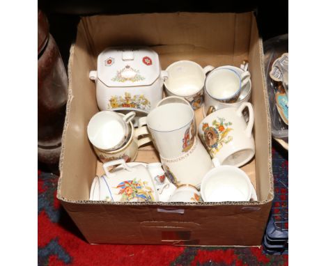 A box of commemorative wares for various Monarchs including Newhall, Royal Stafford, J &amp; G Meakin etc.
