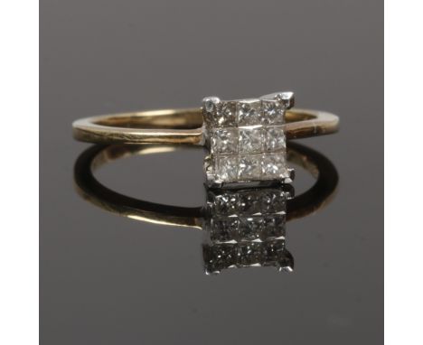 A 9ct gold 9 stone diamond ring, size M.