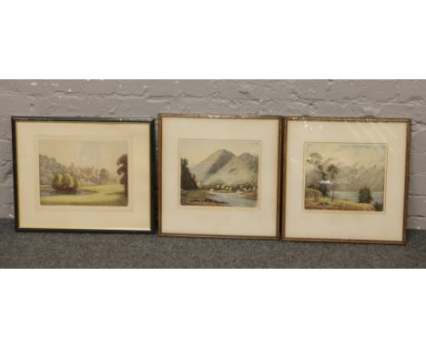 Three framed coloured engravings by R - Herdman - Smith, two depicting The Lake District, the other Haddon Hall all signed in