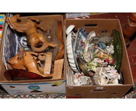 Two boxes of miscellaneous to include ceramic figurines, glasswares, ornate table mirror, large wooden carved horses etc.