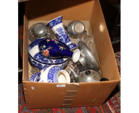 A box of miscellaneous including Arts &amp; Crafts, pewter teaset, Spode, Doulton Burslem, Wood &amp; Sons and assorted cut c