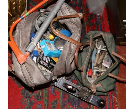 Two carry bags of workmans tools; record plains, electrical multi meters, screw drivers and safety gear.