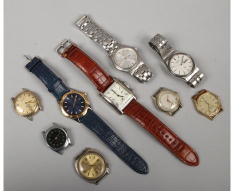 A box of manual and quartz wristwatches for spares or repair including Sabina and H. Samuel Minster.