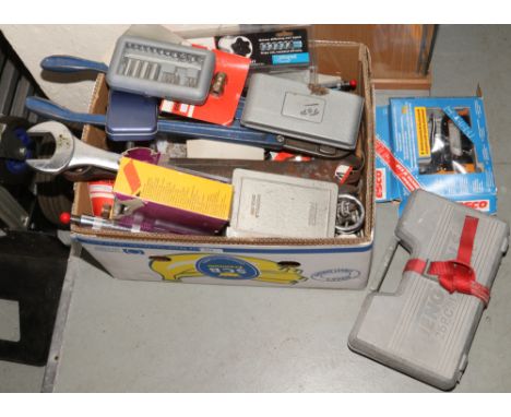 A box of various hand tools; compact tacker, socket sets, pullers, Britool torque wrenches, impact sockets, ring spanners etc
