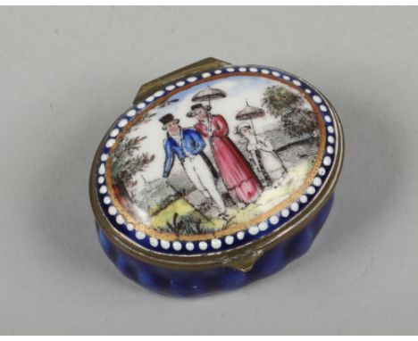 A 19th century Staffordshire enamel patch box decorated with a courting couple.