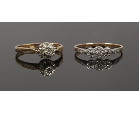 A 9ct gold and platinum diamond ring, along with another 9ct gold and diamond ring, size O