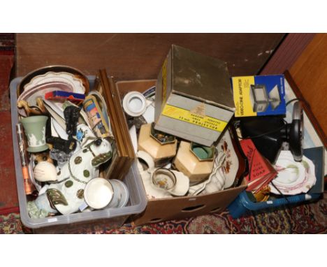 Three boxes of miscellaneous ceramics, glass and games to include Royal Doulton, Carlton ware, Wade whimsies, ornamental jug 