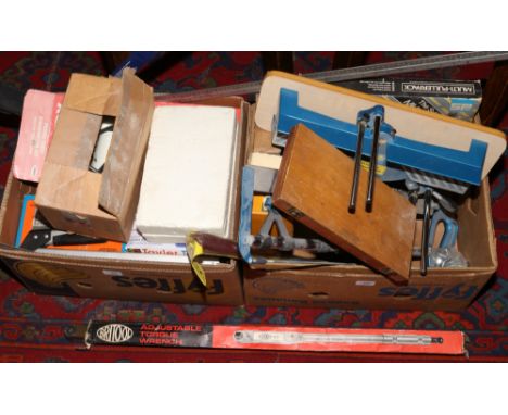 Two boxes of various new and boxed tools; taps and dies, Britool torque wrench Stanley Yankee driver devilbiss mini compresso