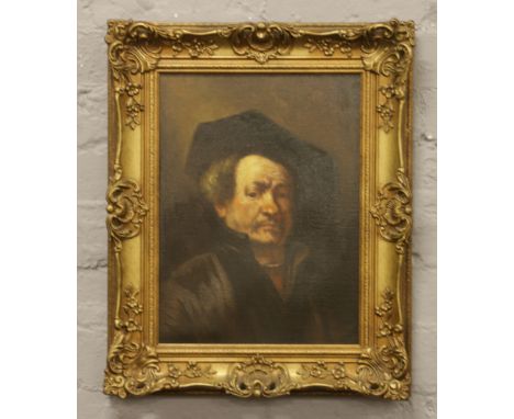 After Rembrant, gilt framed self portrait oil on canvas signed D. Long, 39cm x 29cm.