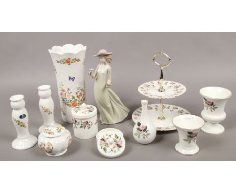 A quantity of collectable ceramics including a Royal Albert 'Winsome' cake stand, a Nao figure of a lady, Aynsley cottage gar