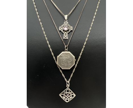 3 silver and white metal pendant necklaces. An 18" fine box chain with vintage white metal octagonal locket with floral decor