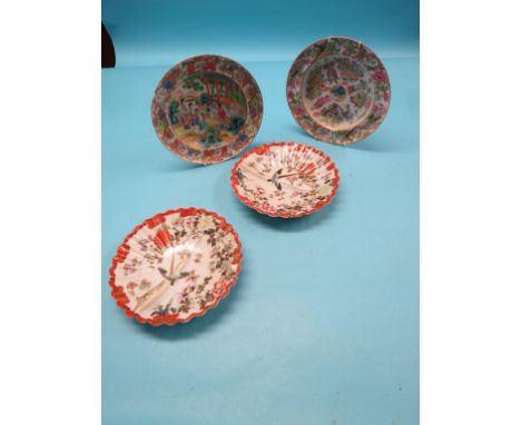 Two 19th century Canton enamel dishes, brightly painted, 10in. - one dish rim chips, together with a pair of fluted Satsuma d