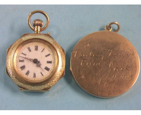 A lady's engraved 14ct. gold fob watch, octagonal-shape with enamel dial, and a circular 9ct. gold locket with engraved inscr
