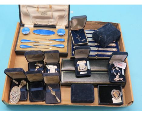 A silver and blue enamel vanity set, seven items including nail-buffer, one item incomplete, in original fitted case, seven m