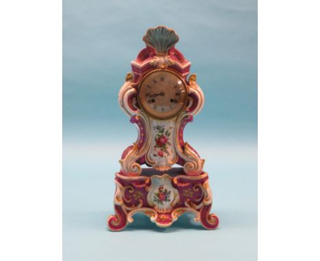 A late 19th century French porcelain mantel clock, engraved and silvered dial with moon hands, French movement count-wheel st