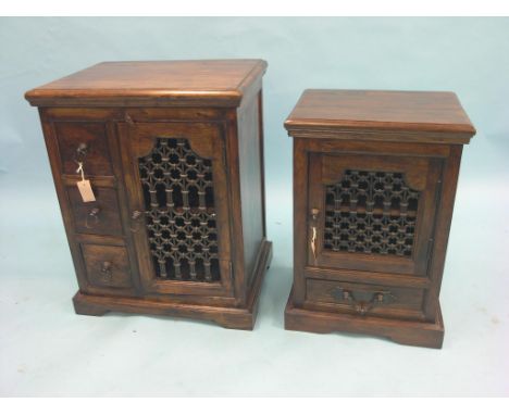 Two imported hardwood side cabinets, each consisting of single door with cast metal panel, drawer-arrangements vary, 2ft. and