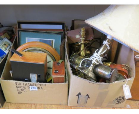 A miner's lamp, assorted brassware including pair of lamps, framed pictures, two Roberts portable radios, etc. 