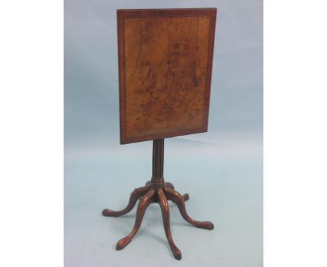 A rare George III mahogany tilt-top table, rectangular cross-banded top with inset half-veneered walnut panel, cylindrical fl