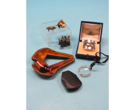 A cased silver napkin ring, cased meerschaum pipe, yellow metal monocle, carved bone netsuke and two other items 