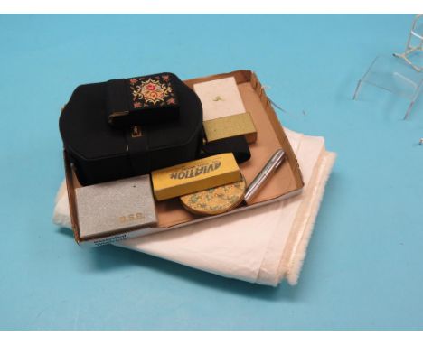 Two ladys' evening cases, lady's Aviation wristwatch in original box with 1956 guarantee, engraved muscial compact, one other