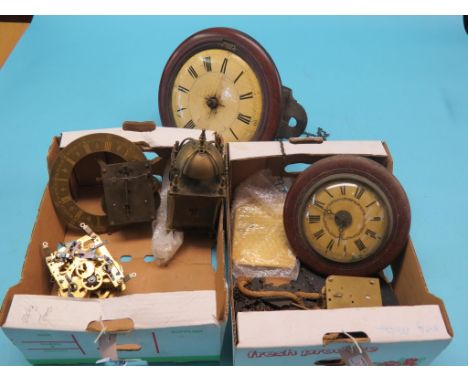 Clock repairer's interest, two 19th century wall clocks, each with painted wood convex dial, small lantern-type clock and var