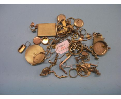9ct. gold components, jewellery, watch-parts, engine-turned match case, similar compact, approx. 10.5oz.  total 