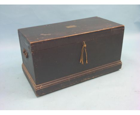 A late 19th century painted wood trunk, with iron side carrying handles, 2ft. 11in. 