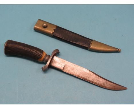 An hunting knife, 7.5in. curved, single-edged blade signed I. Boland, Liege, antler grip, within nickel-mounted leather sheat