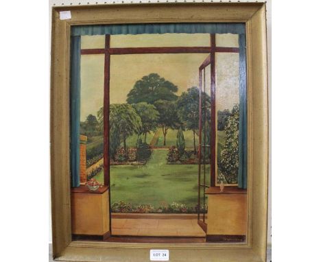 T R Williams - An original oil on board view from patio doors, framed